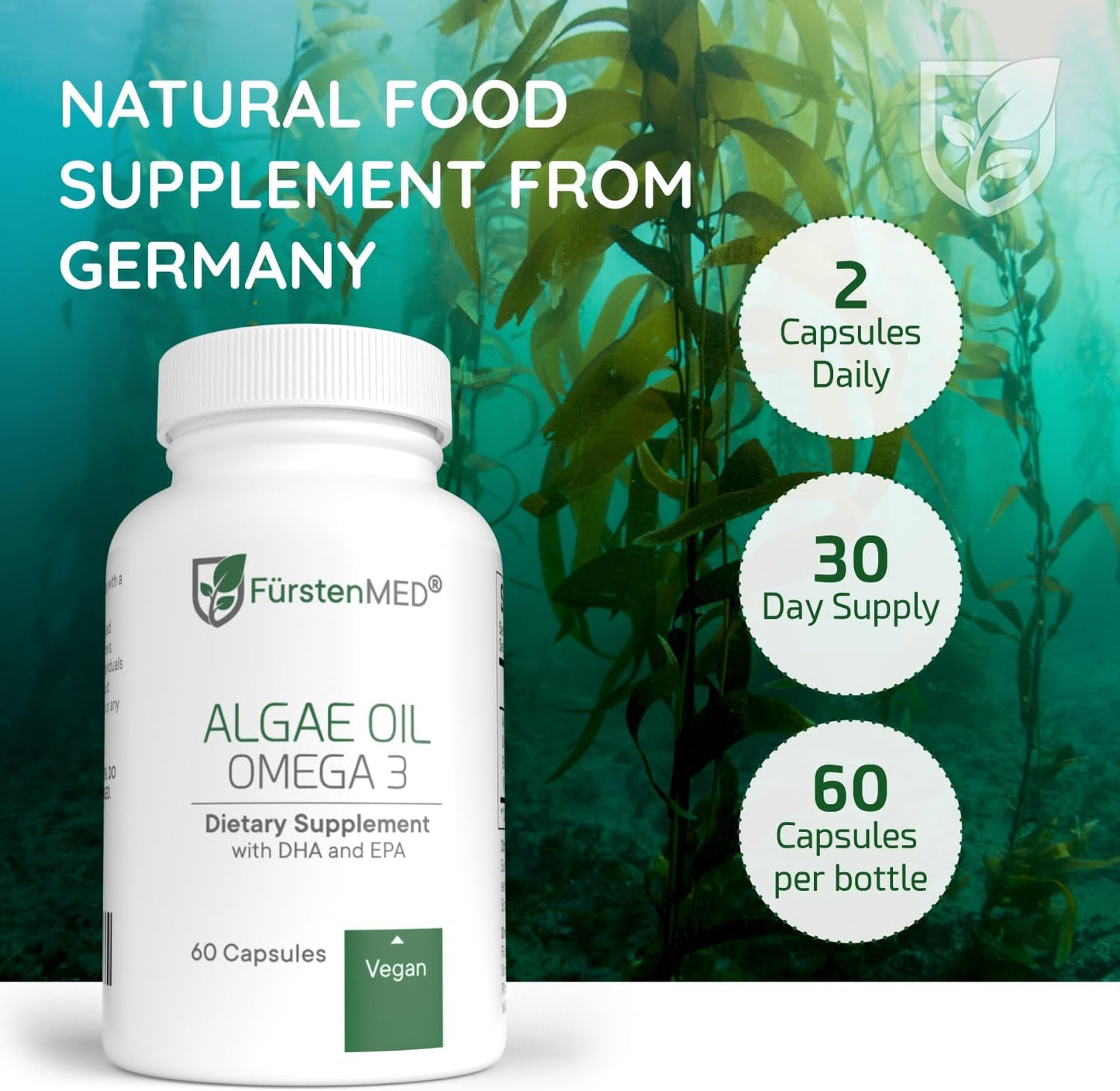 Premium FürstenMED® Algae Oil Omega 3 Supplement - 2000mg with DHA, EPA & Vitamin E - Vegan Heart, Brain & Joint Health Support - Essential Fatty Acids for Daily Wellness
