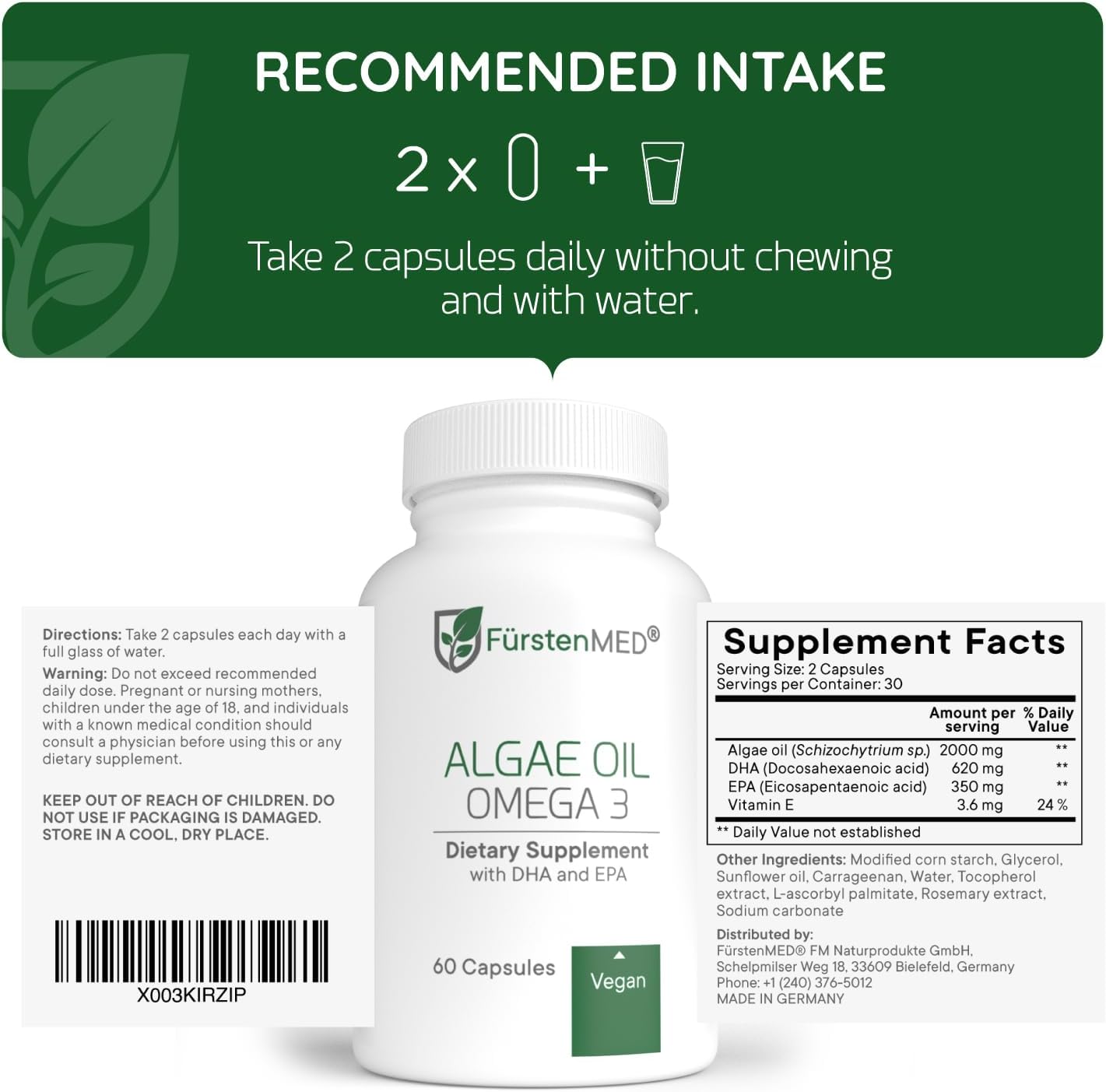 Premium FürstenMED® Algae Oil Omega 3 Supplement - 2000mg with DHA, EPA & Vitamin E - Vegan Heart, Brain & Joint Health Support - Essential Fatty Acids for Daily Wellness