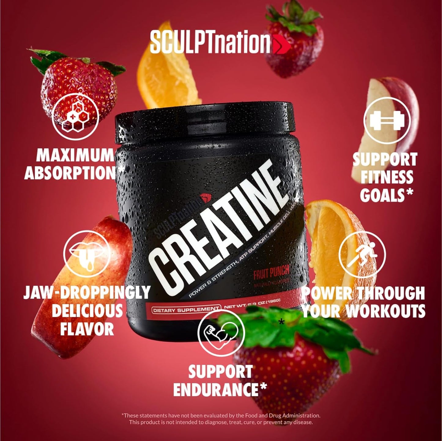 Premium Fruit Punch Flavored Creatine Monohydrate Powder - Supports Muscles, Energy, and Brain Function - 30 Servings
