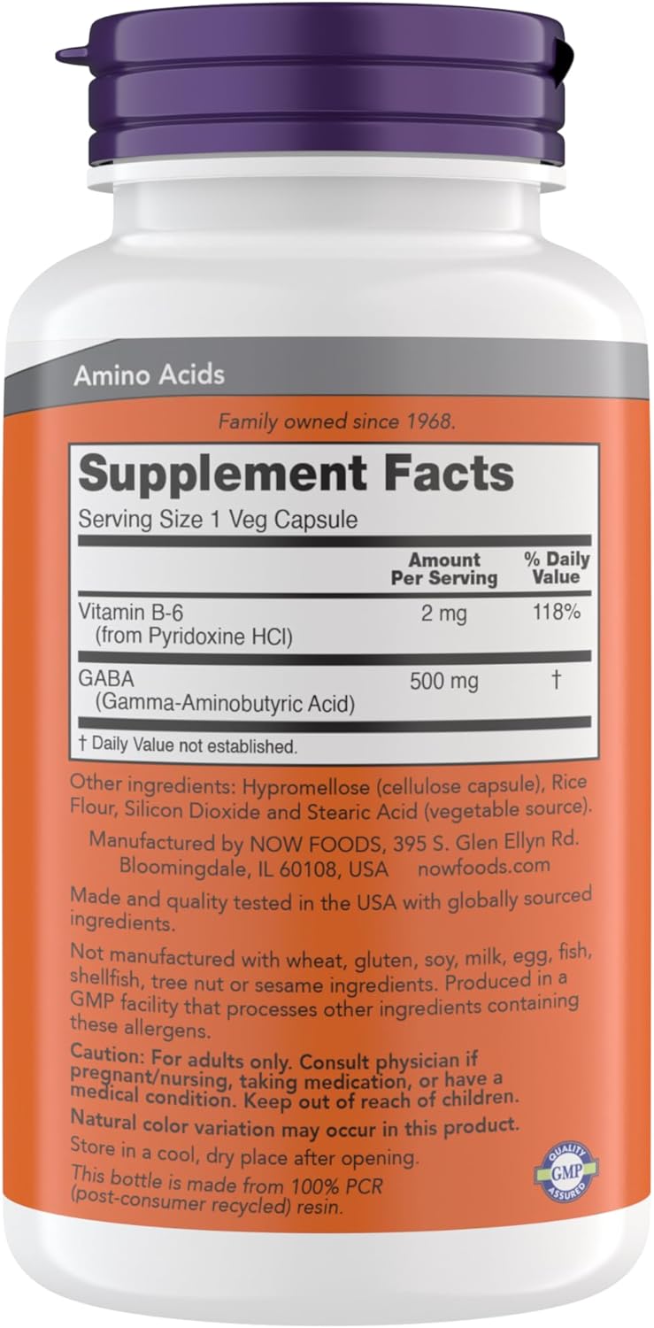 Premium GABA Supplement for Stress Relief - 500 mg Capsules, Ideal for Balanced Brain Function - Vegetarian, Vegan, and Kosher Friendly - 300 Capsules by NOW Supplements