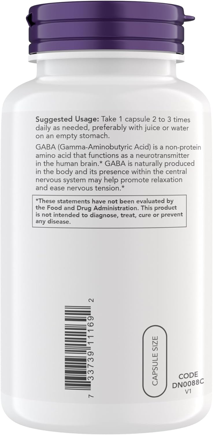 Premium GABA Supplement for Stress Relief - 500 mg Capsules, Ideal for Balanced Brain Function - Vegetarian, Vegan, and Kosher Friendly - 300 Capsules by NOW Supplements