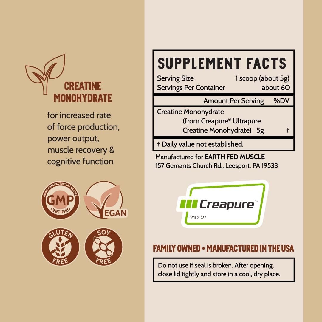 Premium German Creapure Creatine Monohydrate - Muscle Recovery & Building, Energy Boost - Gluten & Soy Free, Unflavored - 5g per Serving, 60 Servings