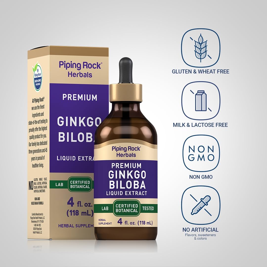 Premium Ginkgo Biloba Liquid Extract Supplement - 4 fl oz | Certified Botanical | Non GMO & Gluten Free | Piping Rock