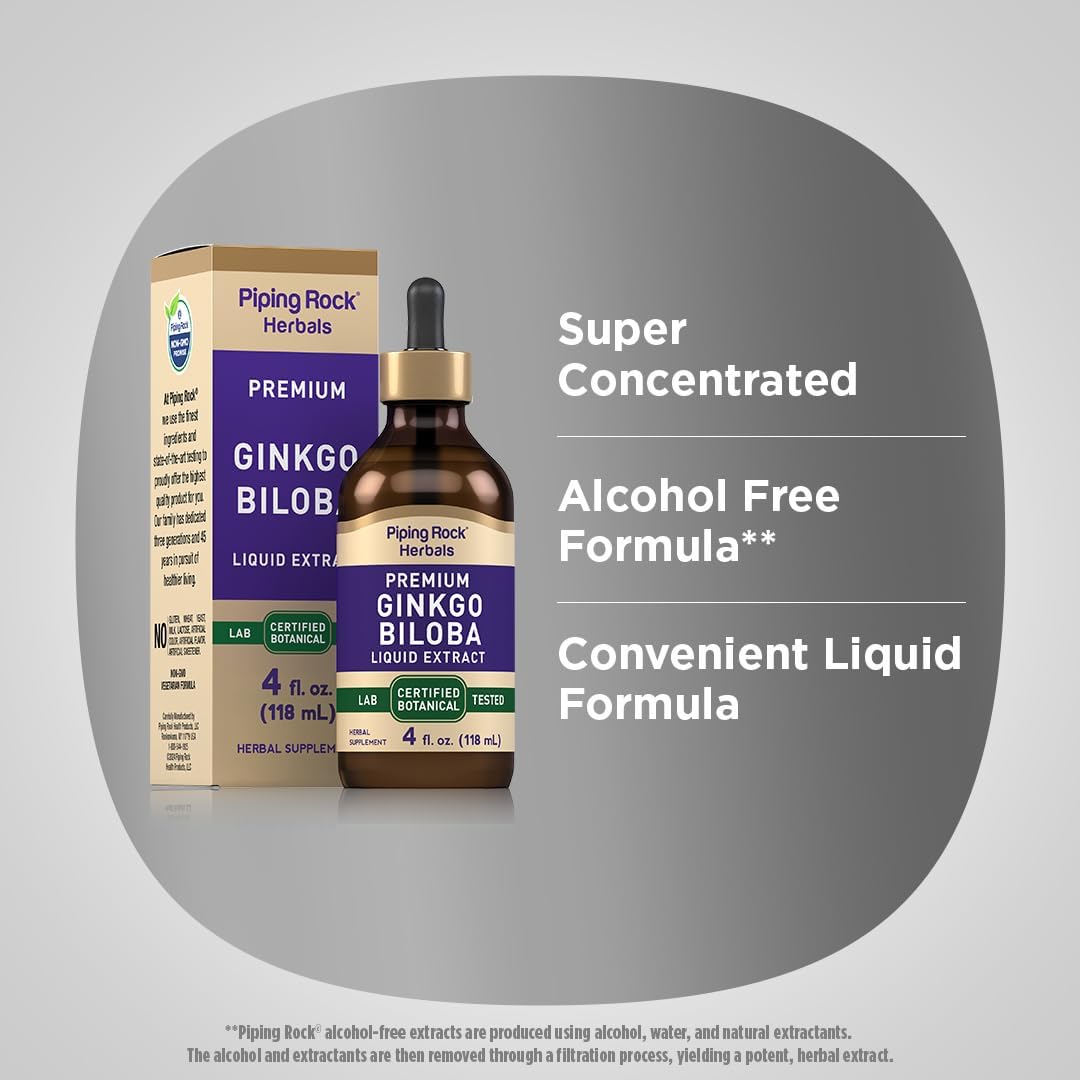 Premium Ginkgo Biloba Liquid Extract Supplement - 4 fl oz | Certified Botanical | Non GMO & Gluten Free | Piping Rock