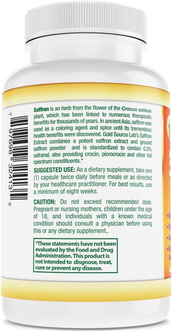 Premium Gold Source Labs Saffron Extract Capsules - 88.25 mg with .3% Safranal Extract, 60 Vegetarian Pills for Appetite and Eye Health