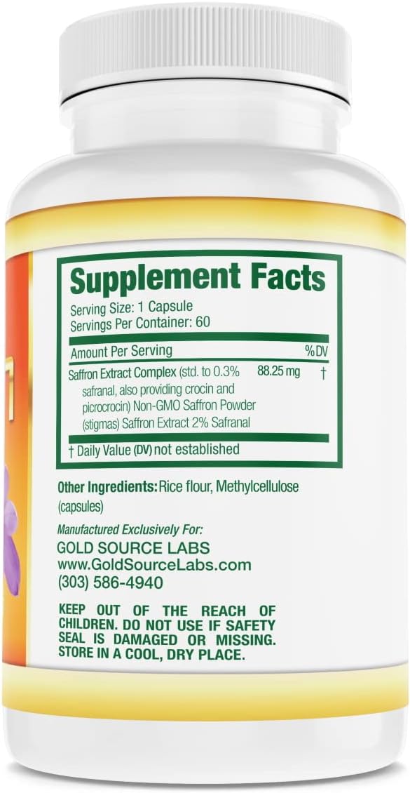 Premium Gold Source Labs Saffron Extract Capsules - 88.25 mg with .3% Safranal Extract, 60 Vegetarian Pills for Appetite and Eye Health