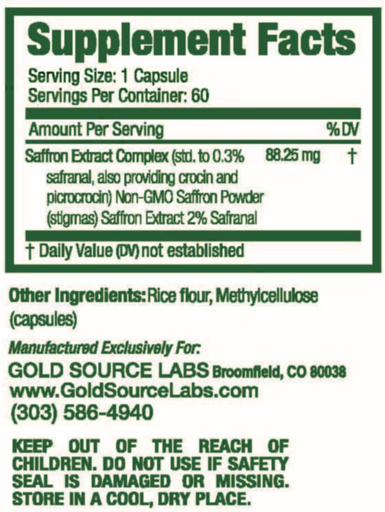 Premium Gold Source Labs Saffron Extract Capsules - 88.25 mg with .3% Safranal Extract, 60 Vegetarian Pills for Appetite and Eye Health