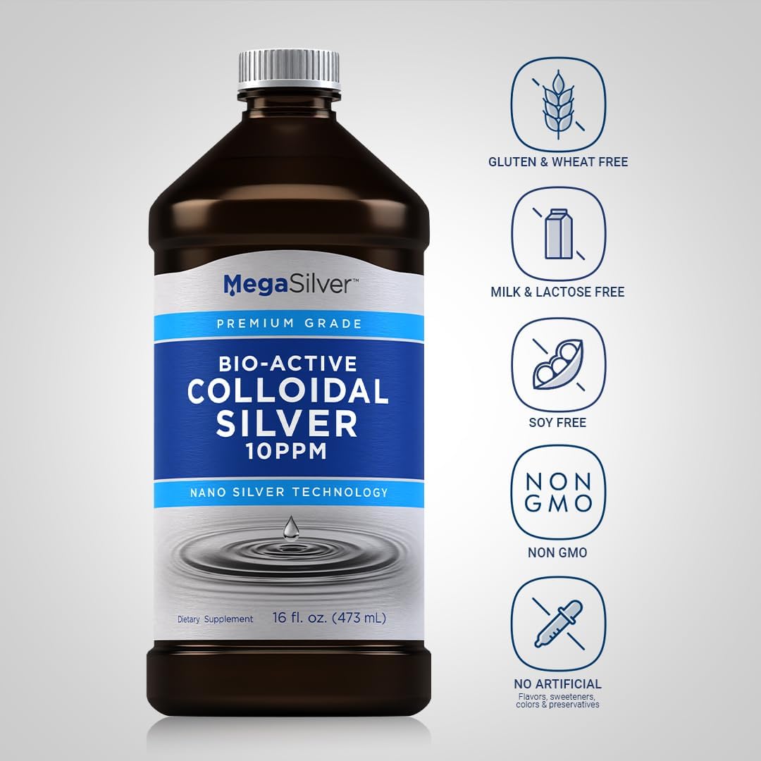 Premium Grade 10PPM Colloidal Silver Liquid Supplement - 16 fl oz - Nano Silver Technology - Non GMO & Gluten Free by Piping Rock