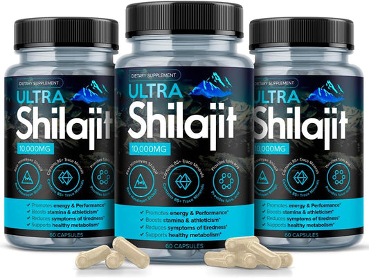 Premium Grade AURA VITAMINS Shilajit Supplement 10,000mg 60 Capsules - 100% Pure Natural Extract for Energy, Vitality, Metabolism, and Immune System Support