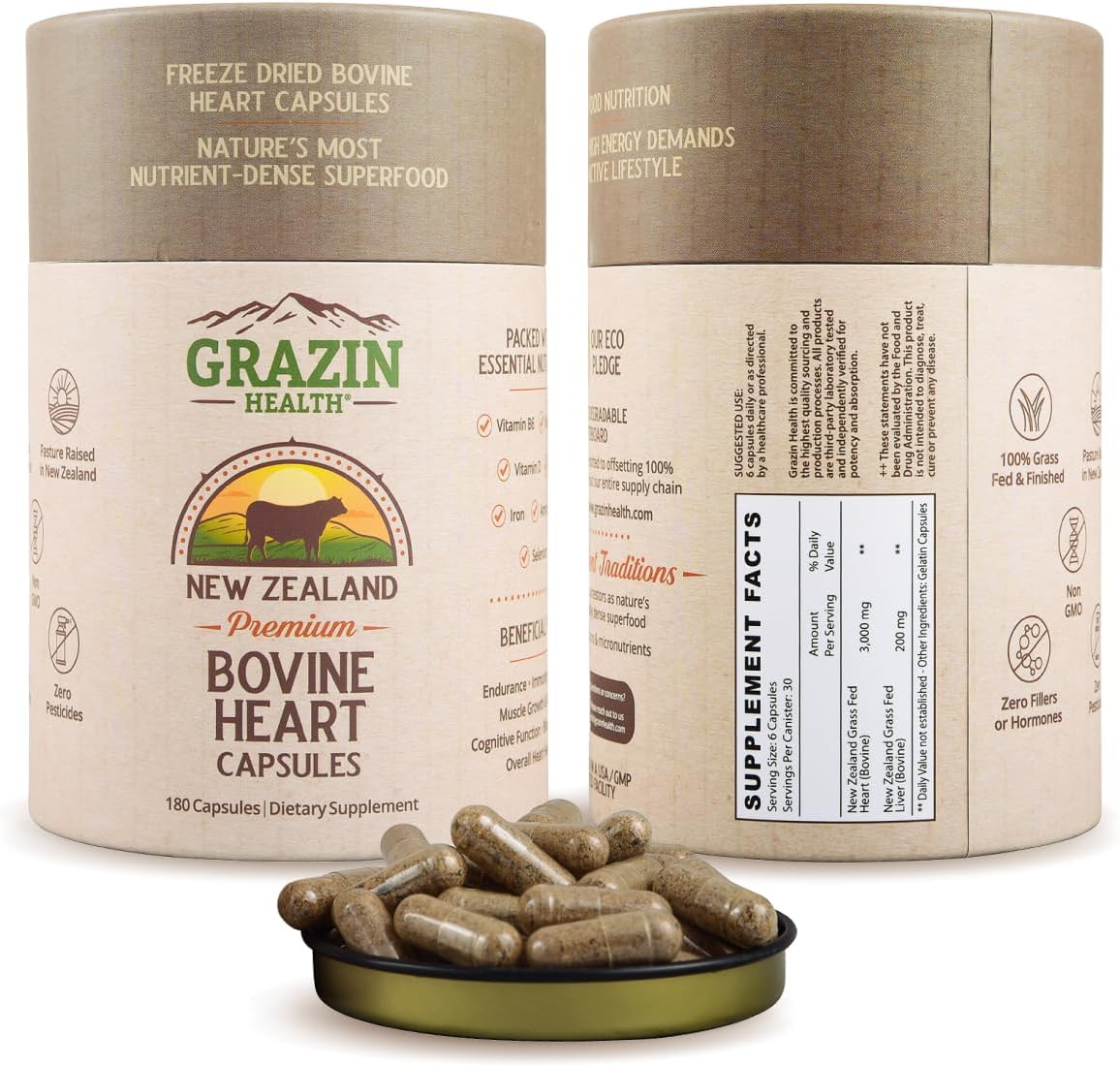 Premium Grass Fed Bovine Heart Supplement - 3000 Mg Heart & 200 Mg Liver per Serving (30 Servings)