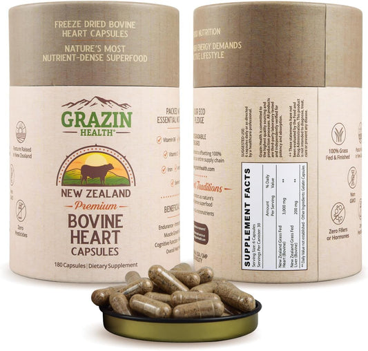 Premium Grass Fed Bovine Heart Supplement - 3000 Mg Heart & 200 Mg Liver per Serving (30 Servings)