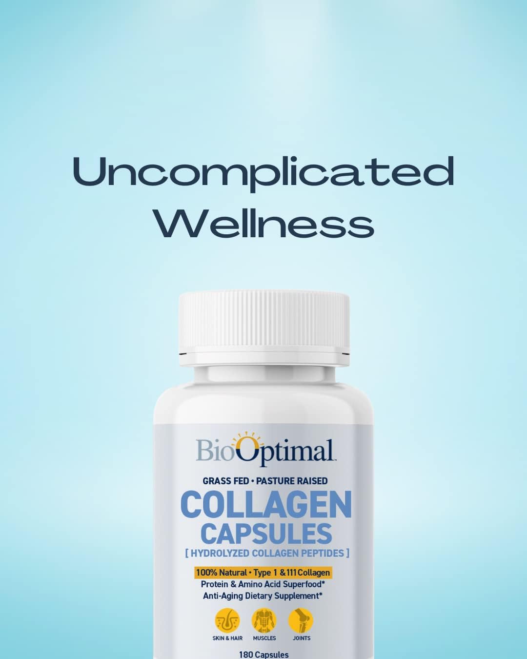 Premium Grass-Fed Collagen Peptides Capsules for Skin, Hair & Nails - Non-GMO, Zero Sugar Daily Supplement for Men & Women - 180 Capsules