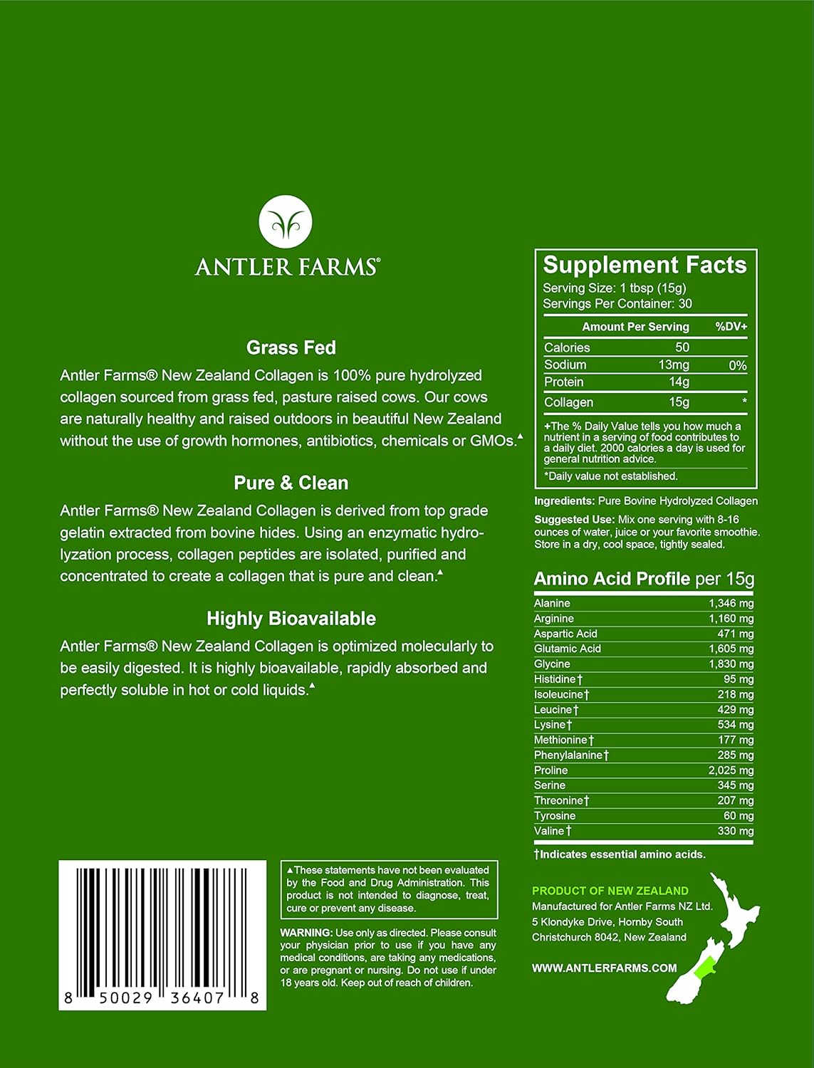 Premium Grass Fed Collagen Powder from New Zealand - 100% Pure, Unflavored, 1 lb - Hydrolyzed Peptides, Keto Friendly