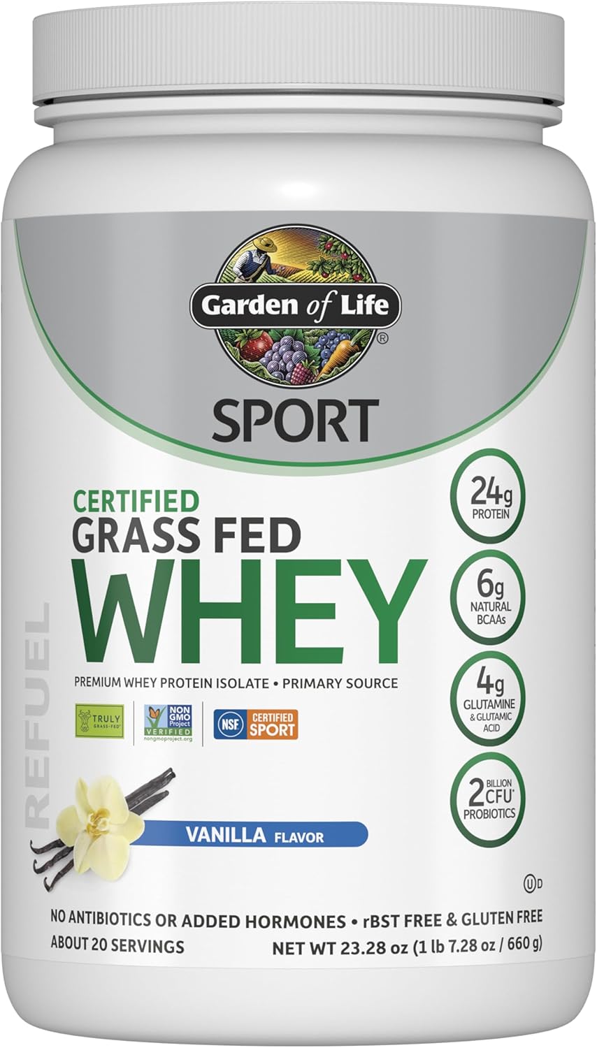 Premium Grass Fed Whey Protein Isolate with Probiotics - Vanilla Flavored, Cold Processed, 24g Protein, Non GMO, Gluten Free - 20 Servings by Garden of Life SPORT