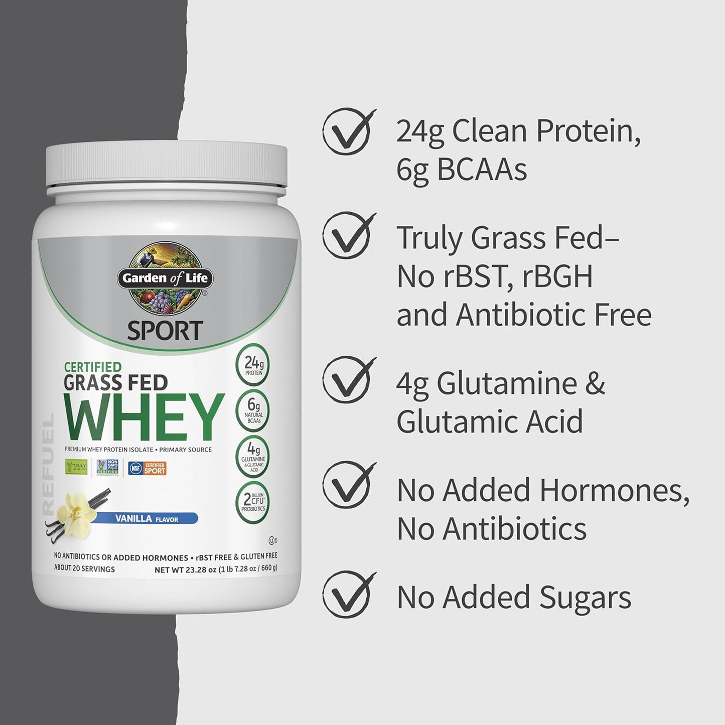 Premium Grass Fed Whey Protein Isolate with Probiotics - Vanilla Flavored, Cold Processed, 24g Protein, Non GMO, Gluten Free - 20 Servings by Garden of Life SPORT