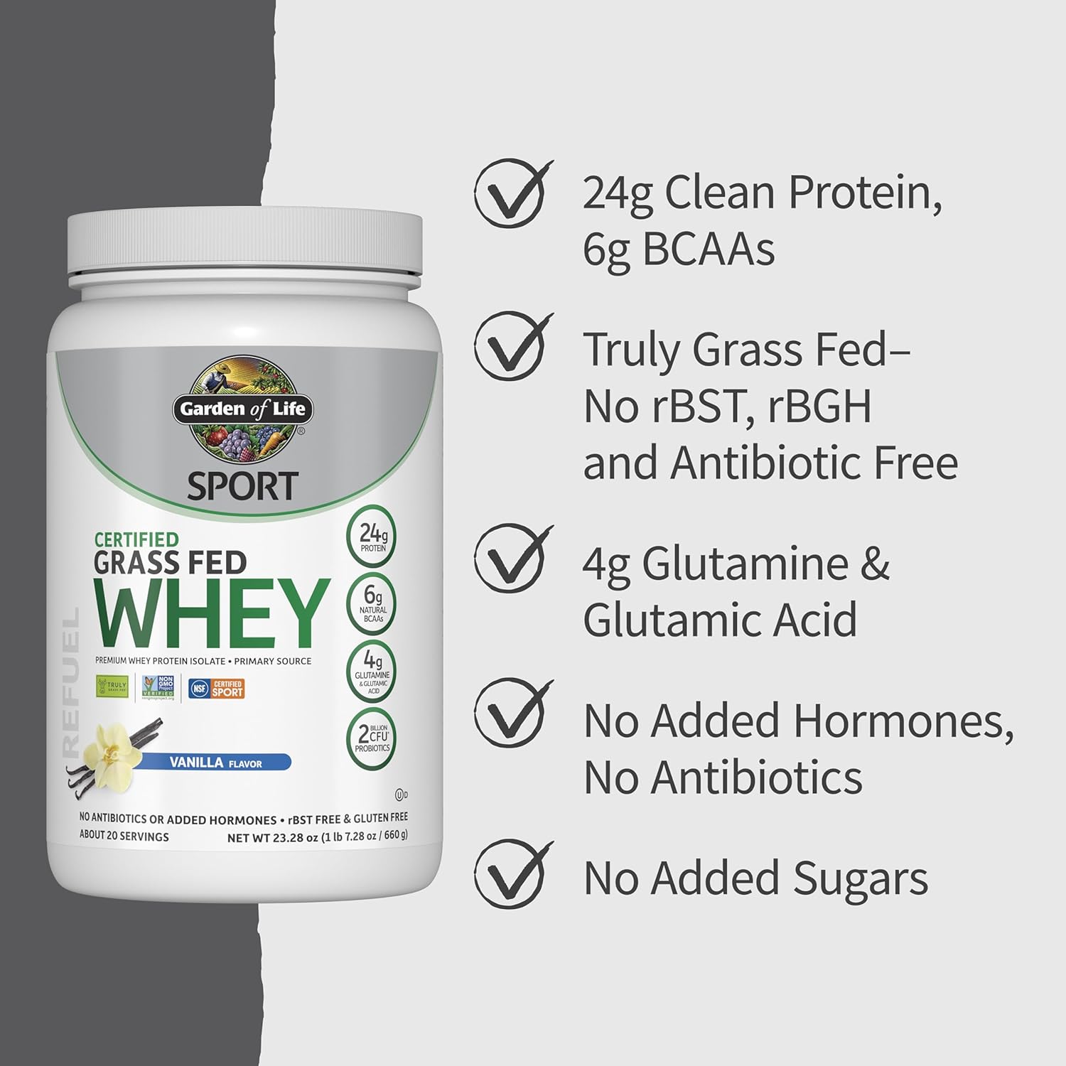 Premium Grass Fed Whey Protein Isolate with Probiotics - Vanilla Flavored, Cold Processed, 24g Protein, Non GMO, Gluten Free - 20 Servings by Garden of Life SPORT