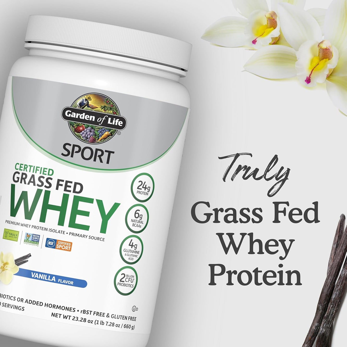 Premium Grass Fed Whey Protein Isolate with Probiotics - Vanilla Flavored, Cold Processed, 24g Protein, Non GMO, Gluten Free - 20 Servings by Garden of Life SPORT