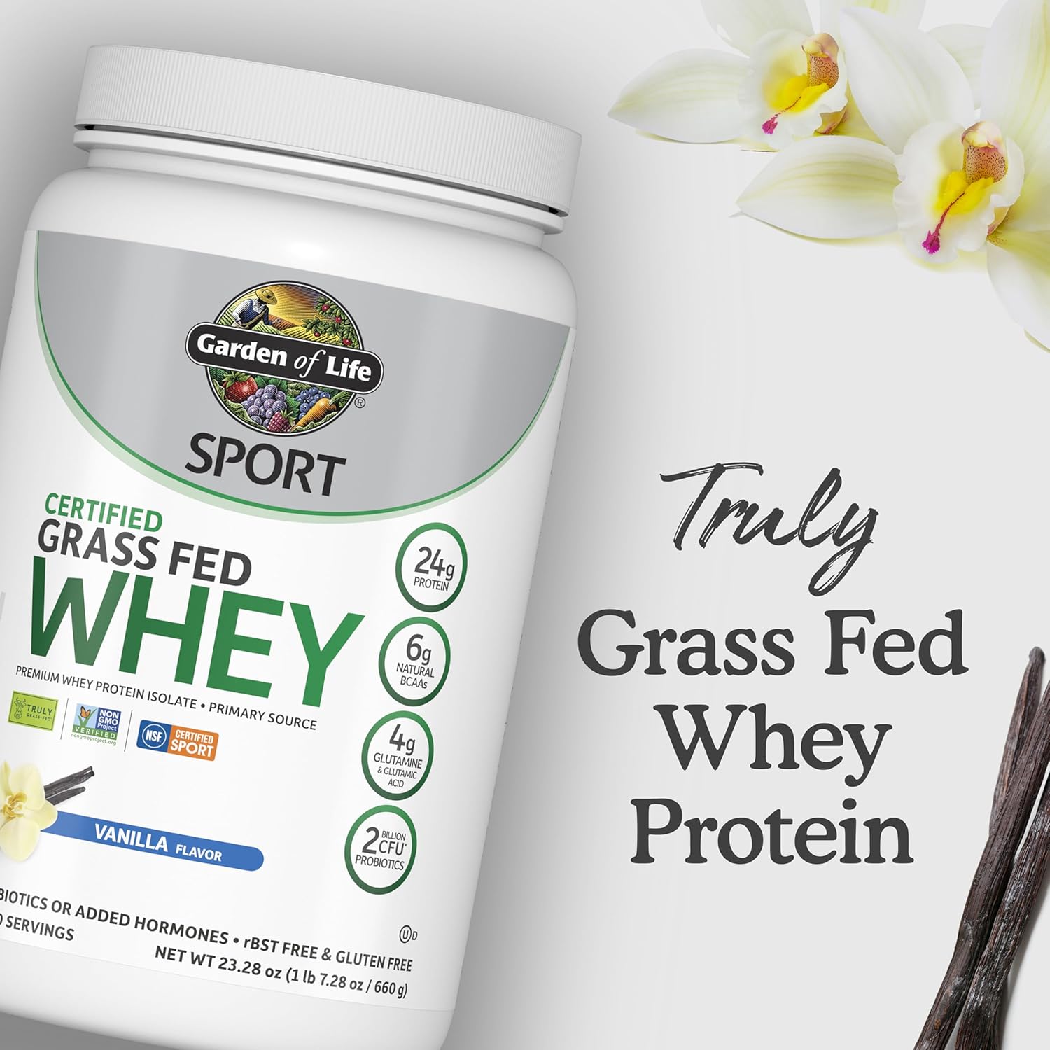 Premium Grass Fed Whey Protein Isolate with Probiotics - Vanilla Flavored, Cold Processed, 24g Protein, Non GMO, Gluten Free - 20 Servings by Garden of Life SPORT