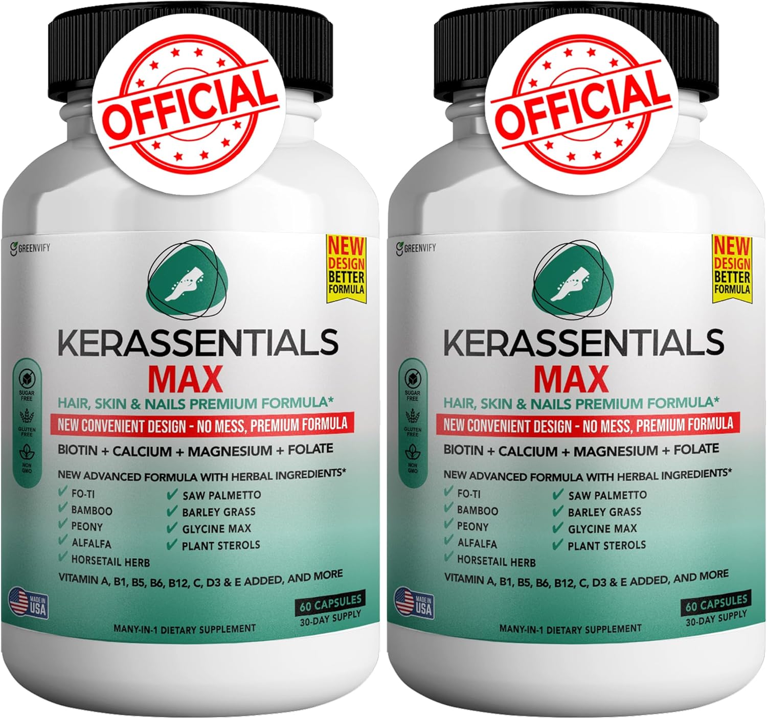 Premium Hair, Skin, and Nails Support Supplement with Biotin, Calcium, Magnesium, Folate, and Herbal Blend - 120 Capsules Vegan & Gluten-Free