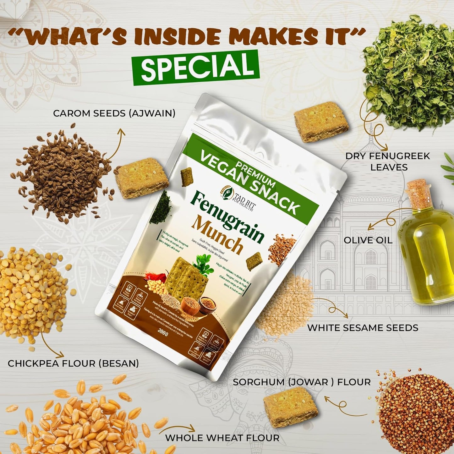Premium Handmade Fenugrain Munch Crackers - Vegan, Dairy-Free, Sugar-Free Snacks - Low Calorie Whole Wheat Biscuits (3 Pack, 600g)