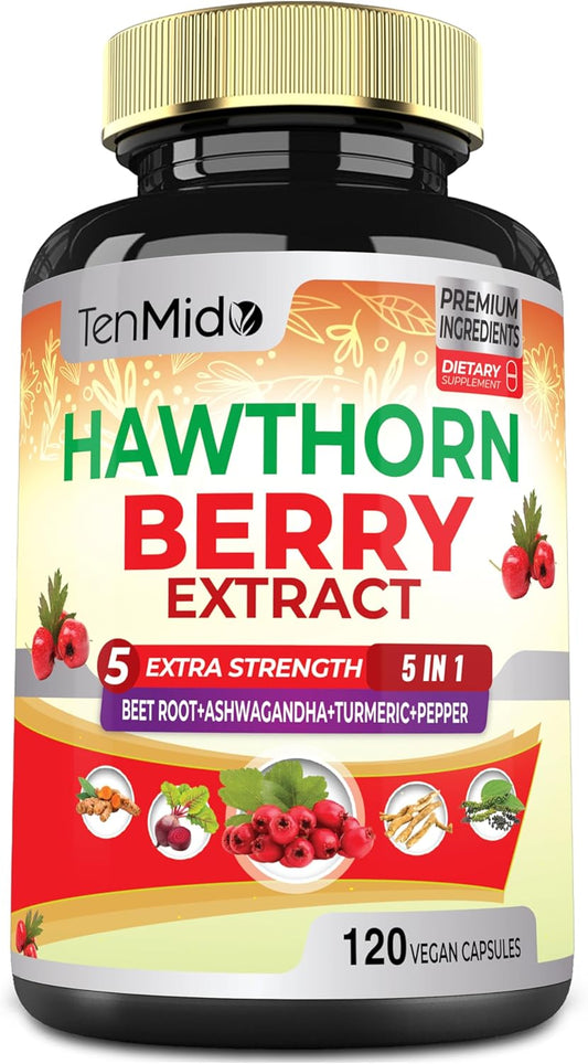 Premium Hawthorn Berry Supplement Capsules - 120 Vegan Capsules for Heart Health & Energy - Beet Root, Ashwagandha, Turmeric Curcumin & Black Pepper - 4 Month Supply