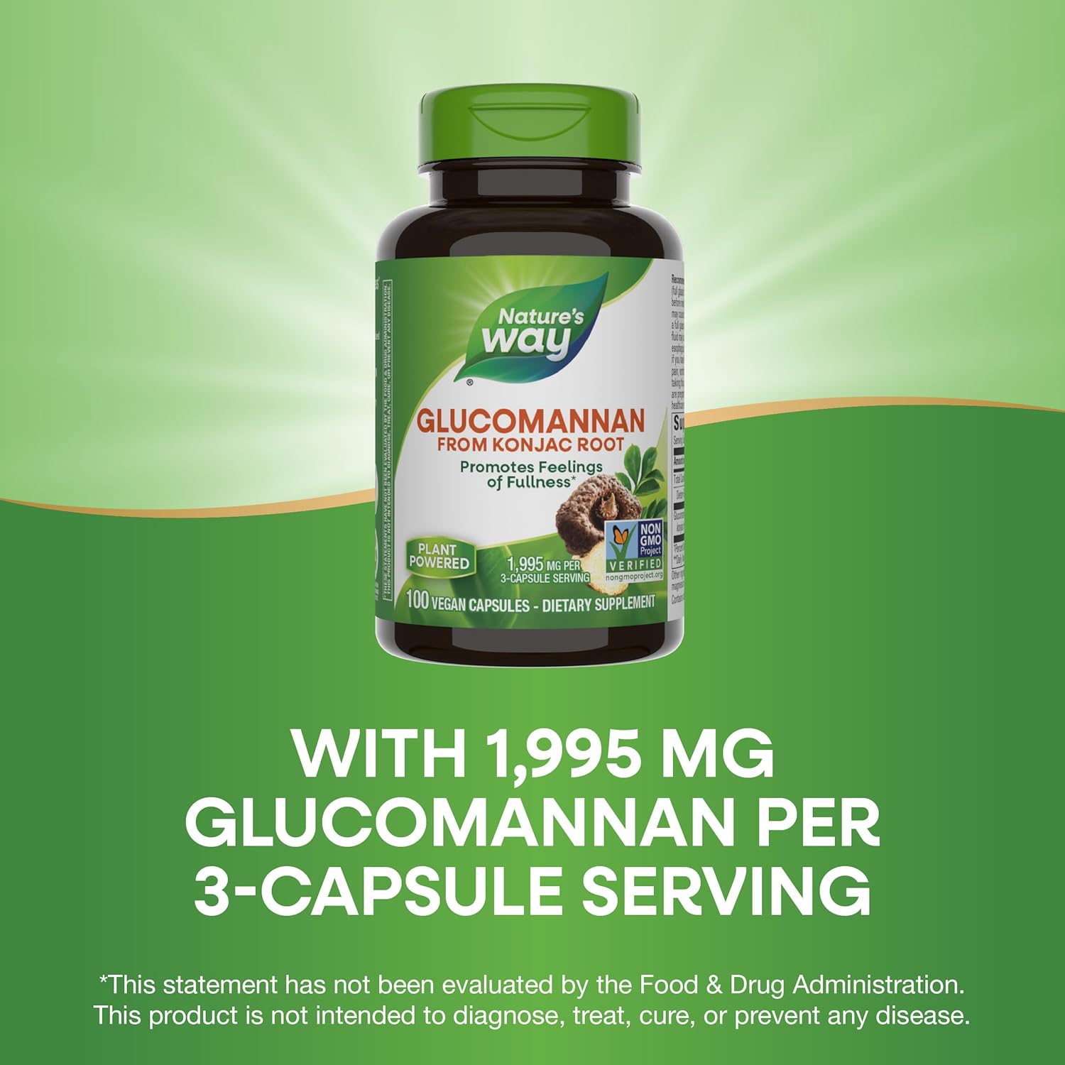 Premium Herbal Glucomannan Supplement from Konjac Root, Supports Fullness, 1,995mg per Serving, Non-GMO, Vegan, 100 Capsules