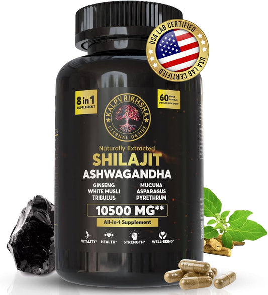 Premium Herbal Supplement Blend with Ashwagandha, Shilajit, Ginseng, White Musli, and Asparagus - Non-GMO Vegan Capsules