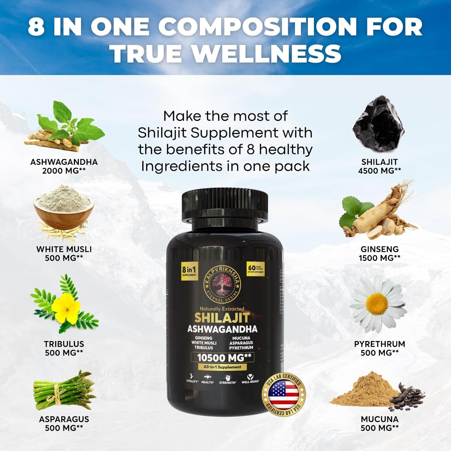 Premium Herbal Supplement Blend with Ashwagandha, Shilajit, Ginseng, White Musli, and Asparagus - Non-GMO Vegan Capsules