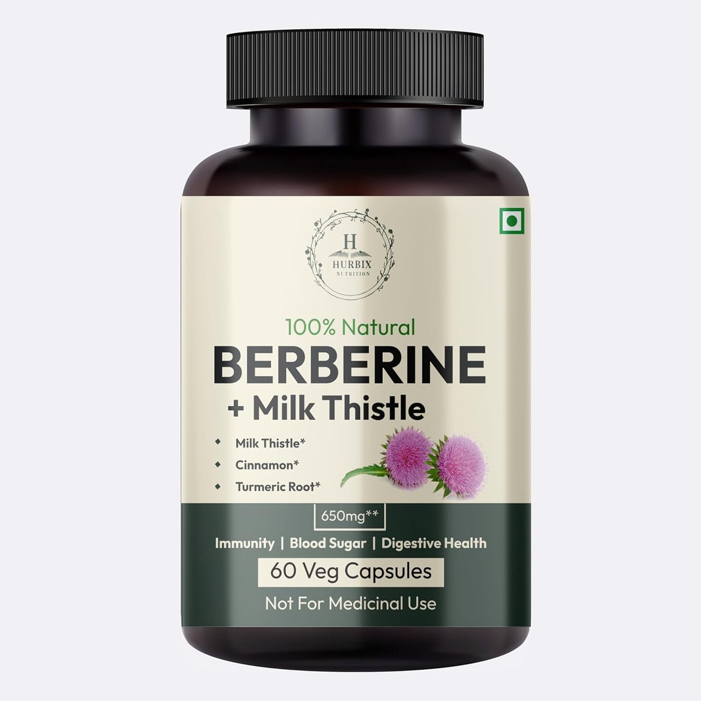 Premium High-Potency Hurbix Nutrition Berberine 1300mg with Milk Thistle, Turmeric, and Cinnamon - 5 in 1 Enhanced Formula - 60 Capsules