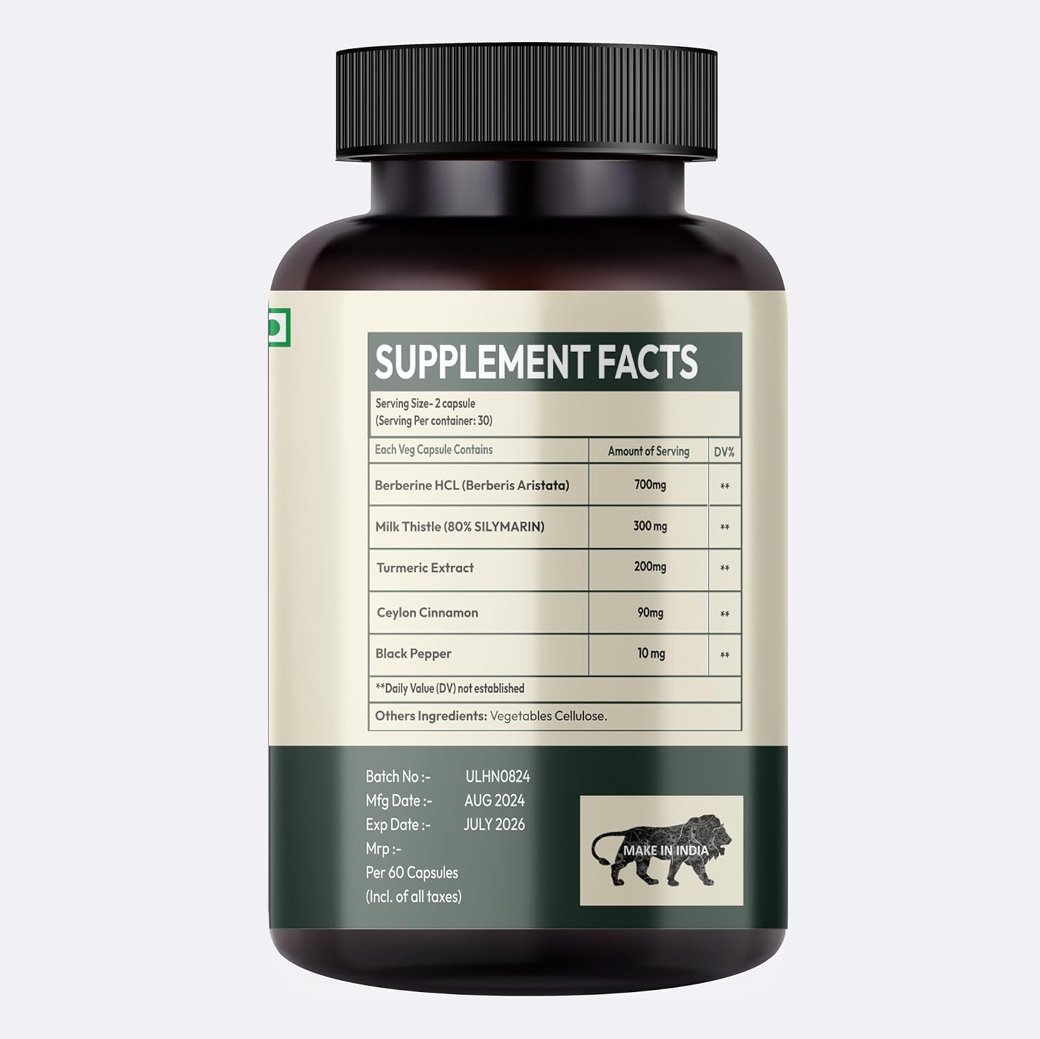Premium High-Potency Hurbix Nutrition Berberine 1300mg with Milk Thistle, Turmeric, and Cinnamon - 5 in 1 Enhanced Formula - 60 Capsules