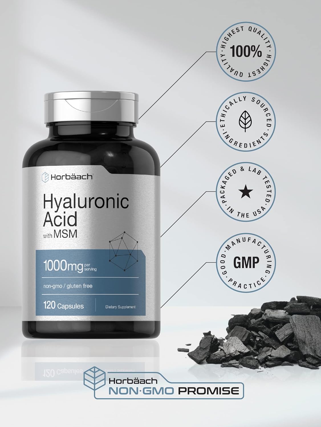 Premium Horbäach Hyaluronic Acid with MSM Capsules - 1000mg - 120 Count - Non-GMO, Gluten Free, Bioavailable Formula
