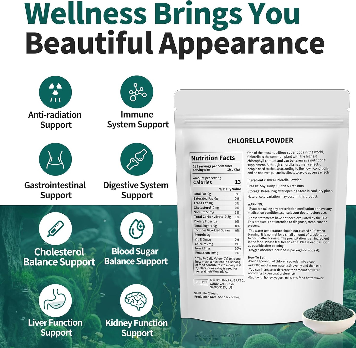 Premium Hudetex Chlorella Powder - 12 oz Chlorophyll Powder for Immune & Liver Health, Vegan Protein & Vitamin-Rich Youth Formula