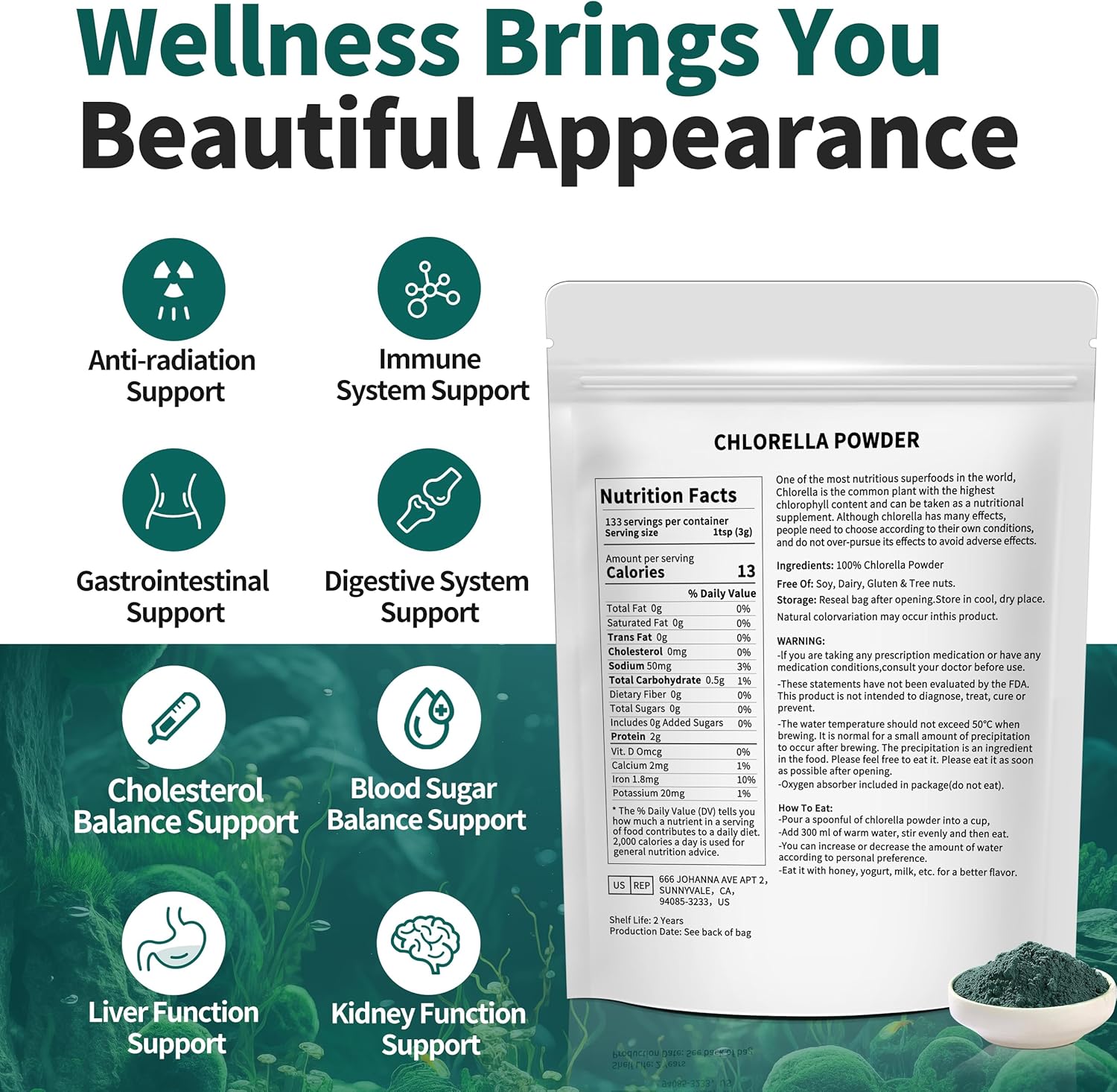 Premium Hudetex Chlorella Powder - 12 oz Chlorophyll Powder for Immune & Liver Health, Vegan Protein & Vitamin-Rich Youth Formula