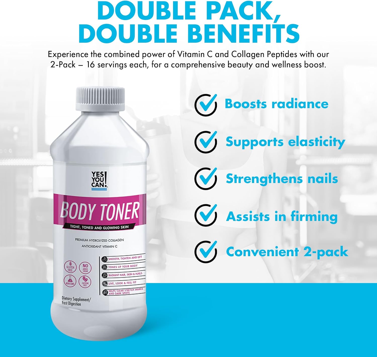 Premium Hydrolyzed Collagen Supplement for Healthy Hair, Skin, and Nails - Body Toning Formula with Vitamin C and Collagen Peptides - 2 Pack of 16 Servings