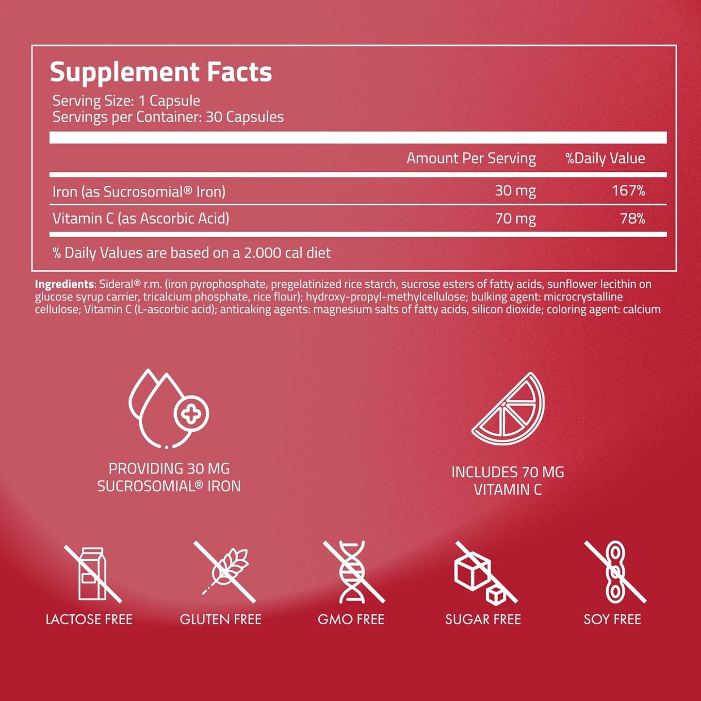 Premium Iron Supplement with Vitamin C for Men & Women - Supports Anemia & Iron Deficiency - High Absorption - Gentle on Stomach - Non-Constipating - 30 Capsules
