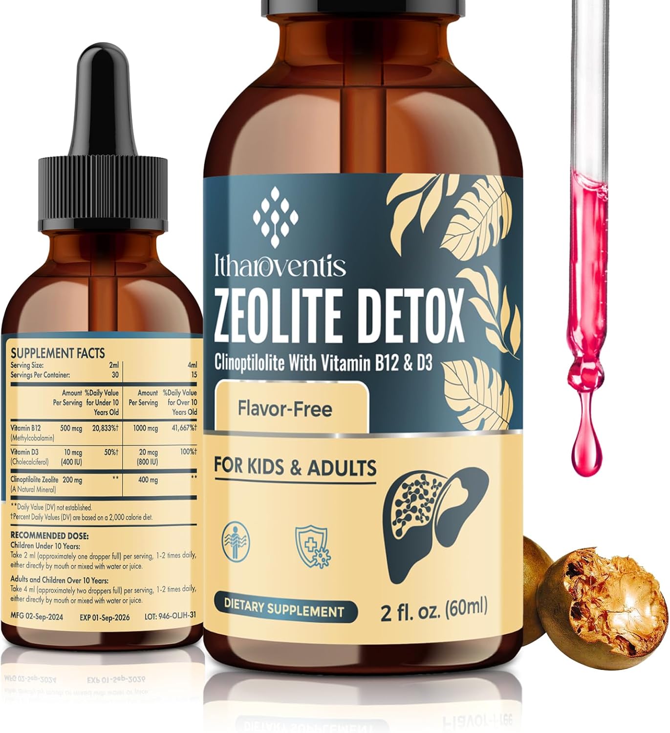 Premium Itharoventis Zeolite Liquid Detox with Methyl B12 & D3 for Kids and Adults - Gentle Heavy Metal Detox, Energy, Focus - Monk Fruit Flavor - 2 Fl Oz