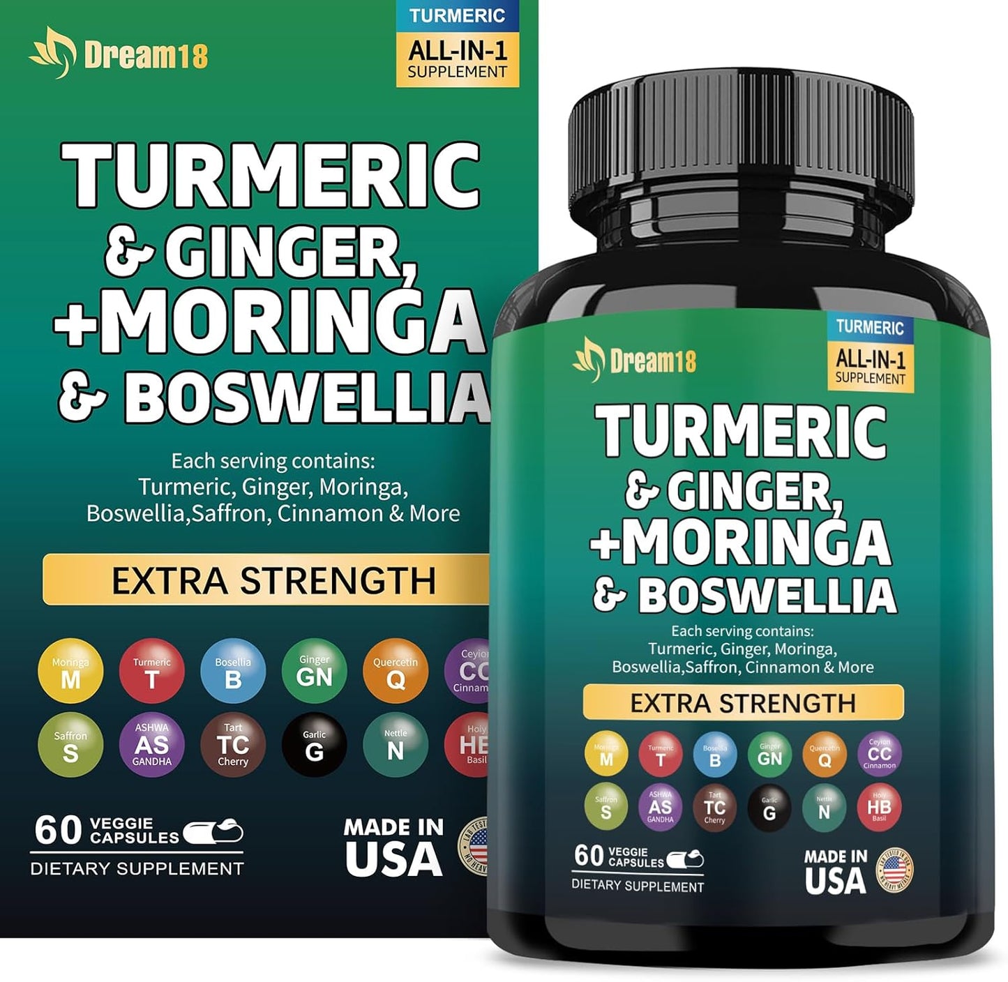 Premium Joint Support Supplement with Turmeric, Ginger, Moringa, Boswellia, and Saffron - 60 Capsules - Women and Men - Ceylon Cinnamon, Quercetin, Tart Cherry - Made in USA