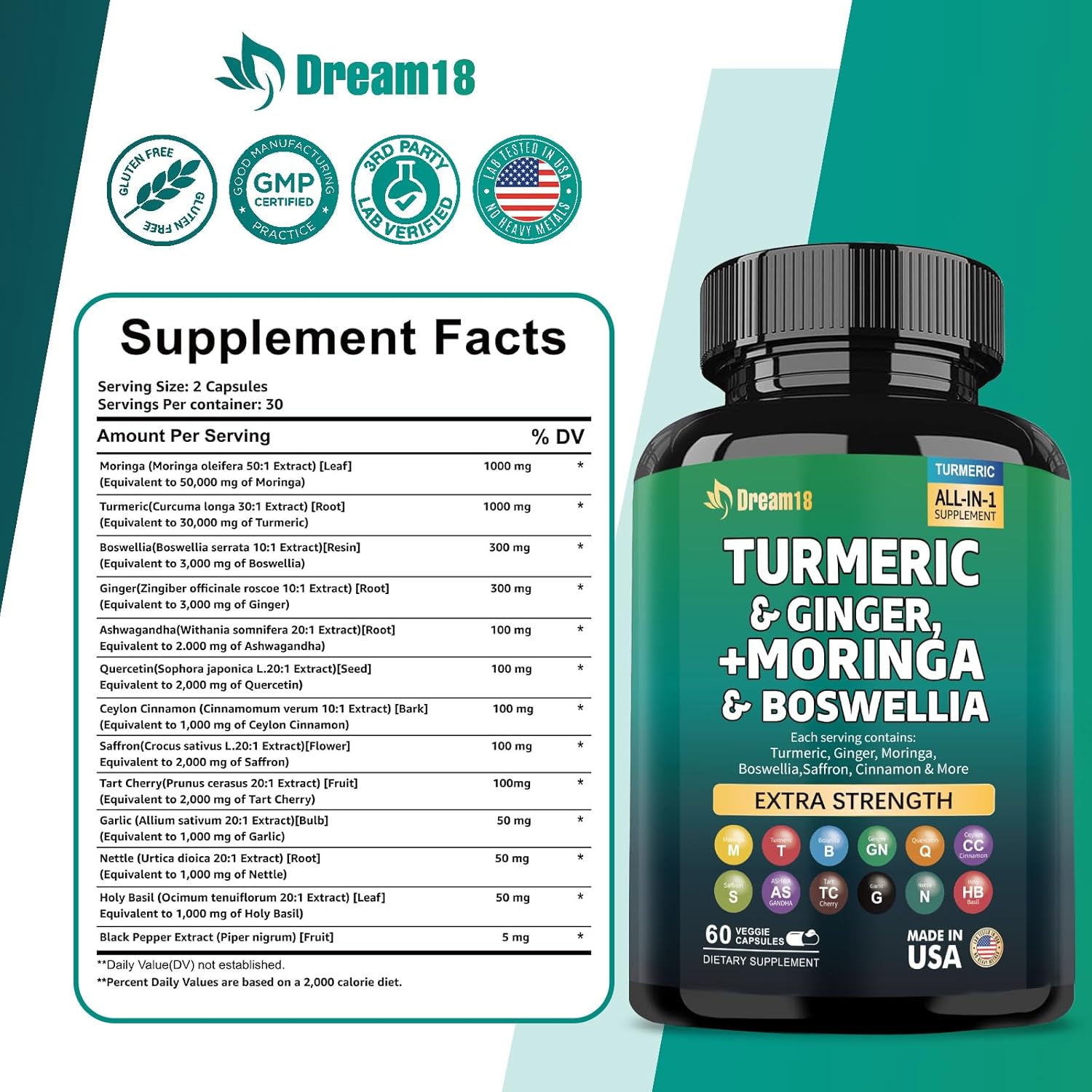 Premium Joint Support Supplement with Turmeric, Ginger, Moringa, Boswellia, and Saffron - 60 Capsules - Women and Men - Ceylon Cinnamon, Quercetin, Tart Cherry - Made in USA