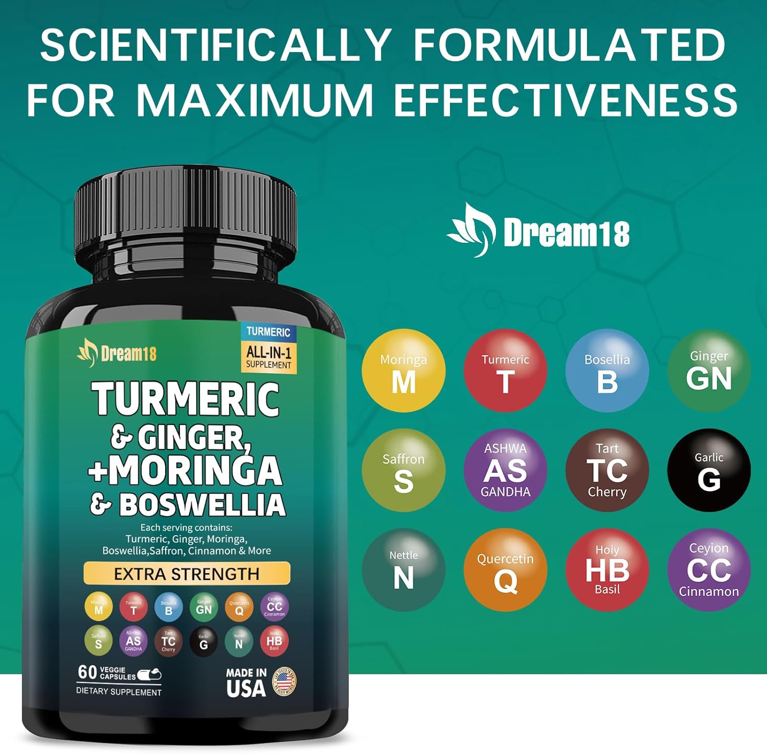 Premium Joint Support Supplement with Turmeric, Ginger, Moringa, Boswellia, and Saffron - 60 Capsules - Women and Men - Ceylon Cinnamon, Quercetin, Tart Cherry - Made in USA