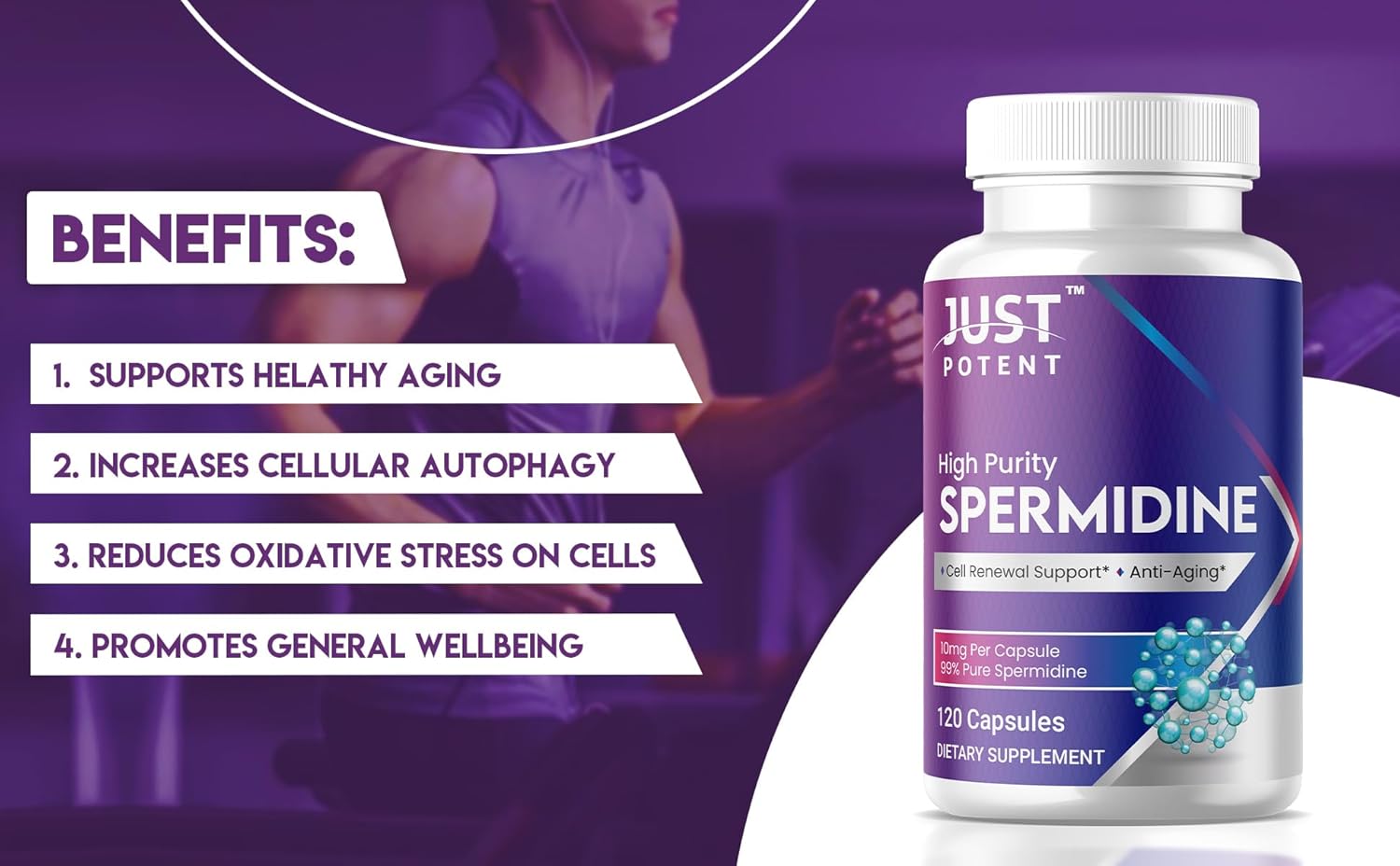 Premium Just Potent 99% Purity Spermidine Supplement | 120 Capsules, 10mg Each | 4-Month Supply for Cell Renewal & Anti-Aging