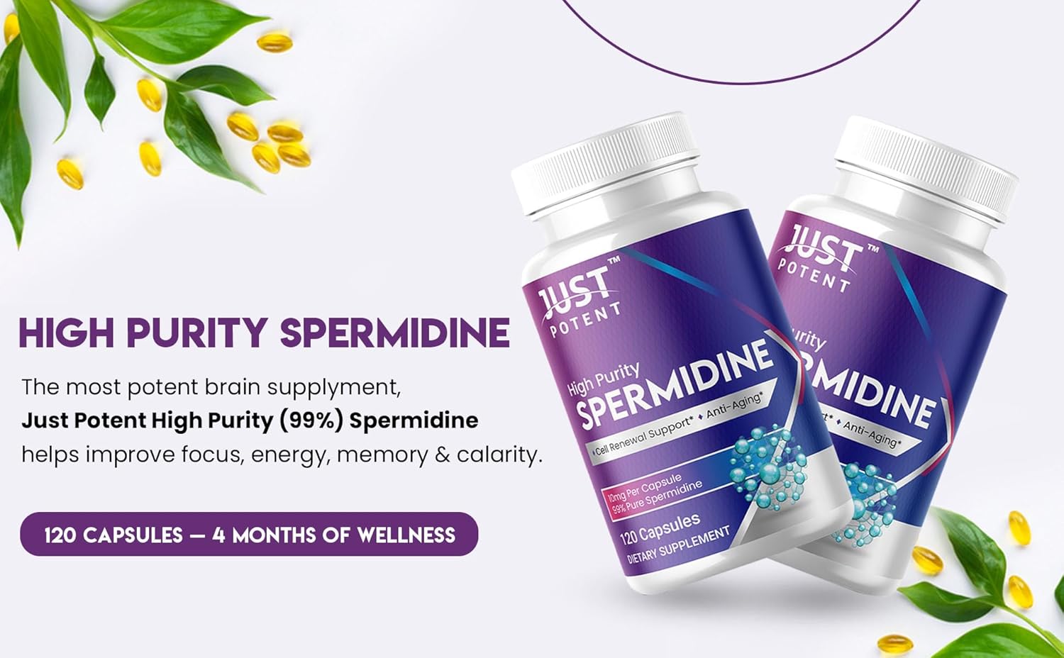 Premium Just Potent 99% Purity Spermidine Supplement | 120 Capsules, 10mg Each | 4-Month Supply for Cell Renewal & Anti-Aging