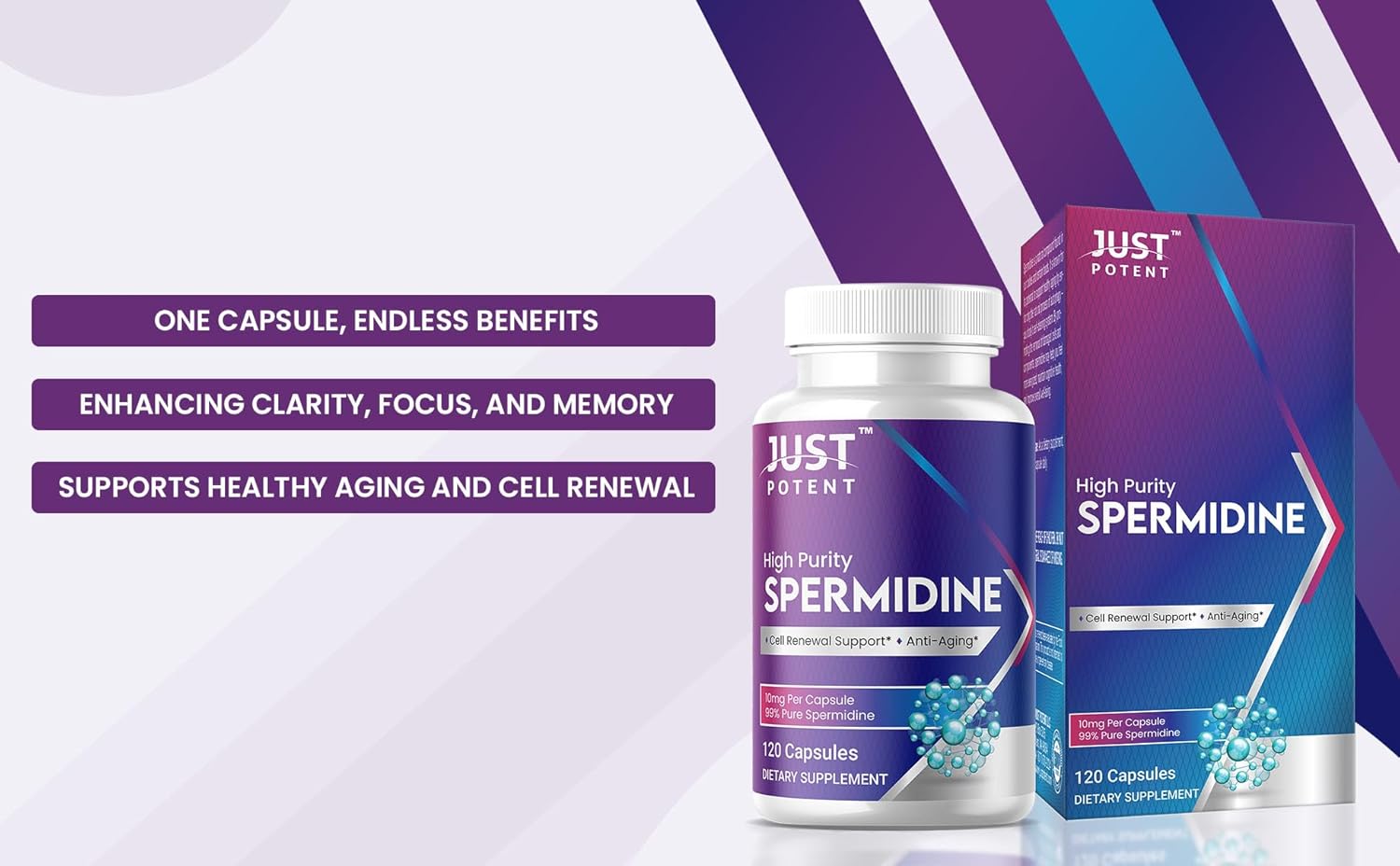 Premium Just Potent 99% Purity Spermidine Supplement | 120 Capsules, 10mg Each | 4-Month Supply for Cell Renewal & Anti-Aging