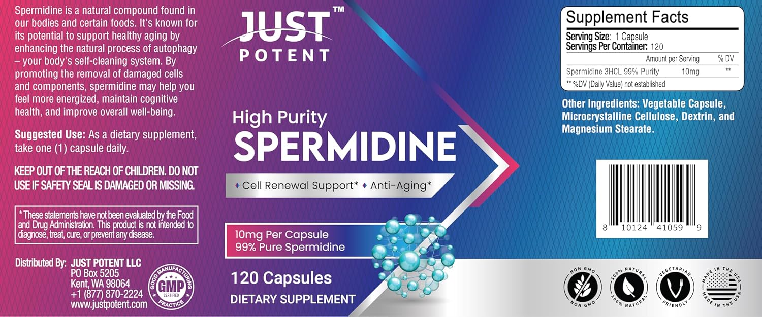 Premium Just Potent 99% Purity Spermidine Supplement | 120 Capsules, 10mg Each | 4-Month Supply for Cell Renewal & Anti-Aging