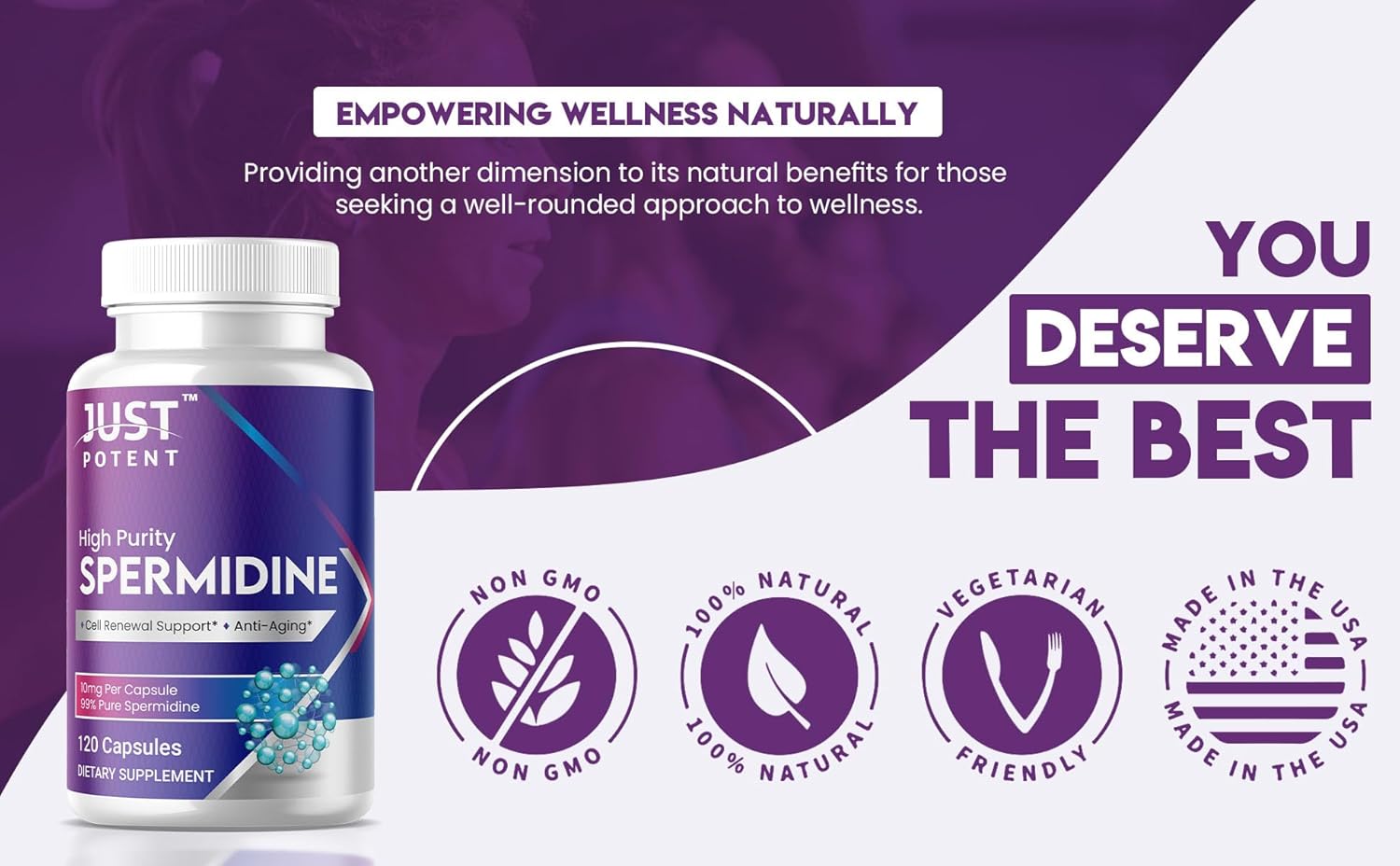 Premium Just Potent 99% Purity Spermidine Supplement | 120 Capsules, 10mg Each | 4-Month Supply for Cell Renewal & Anti-Aging