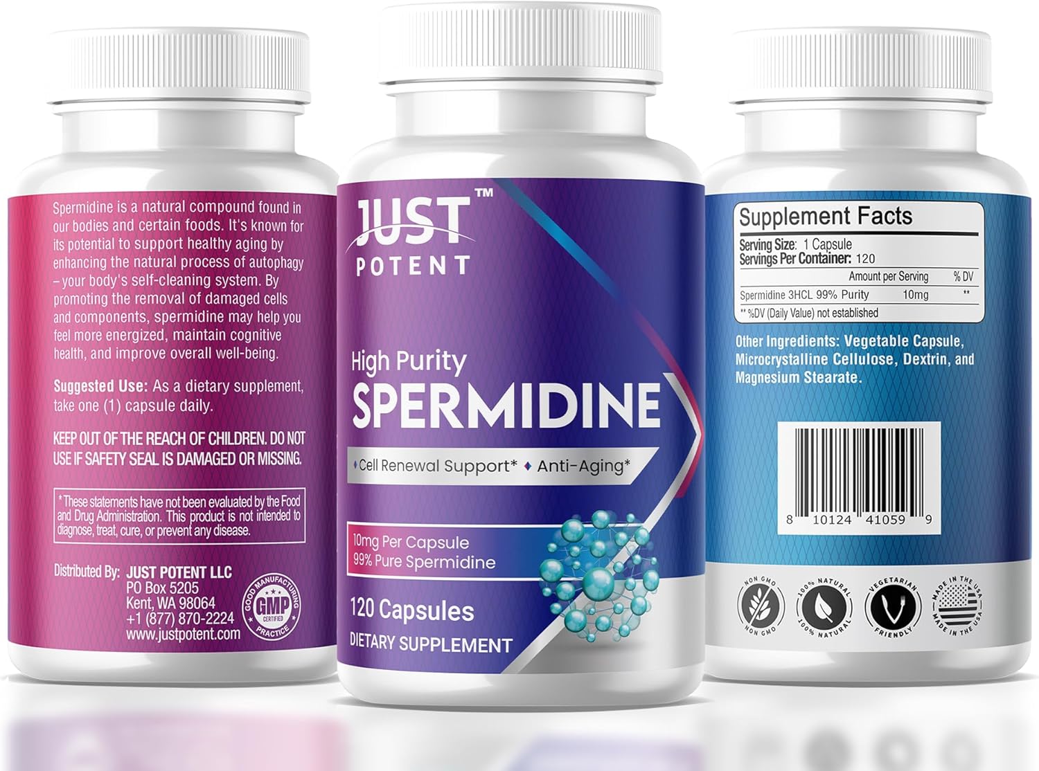 Premium Just Potent 99% Purity Spermidine Supplement | 120 Capsules, 10mg Each | 4-Month Supply for Cell Renewal & Anti-Aging