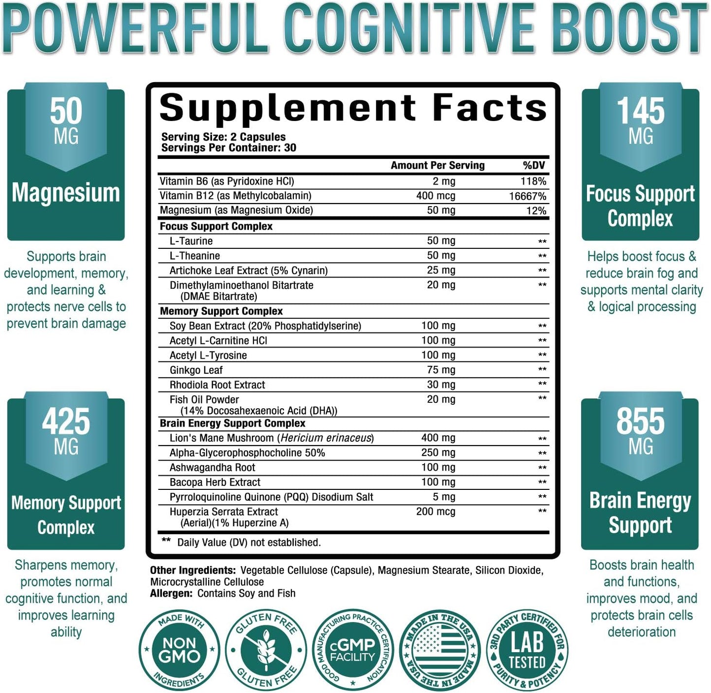 Premium Keto Pills with Apple Cider Vinegar Capsules & Brain Supplement - Nootropic Brain Booster for Focus, Memory, & Mood