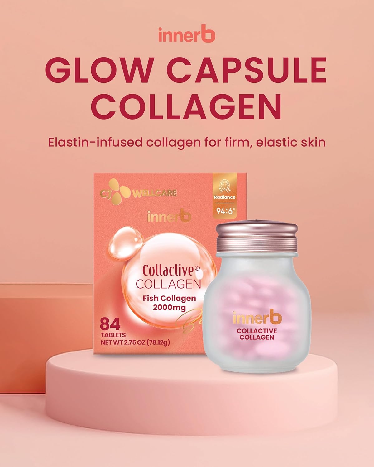 Premium Korean Skin Care Supplement for Firm Skin Elasticity - CJwellcare Innerb Glow Capsule Collagen (28 Servings) with Elastin and Vitamin C