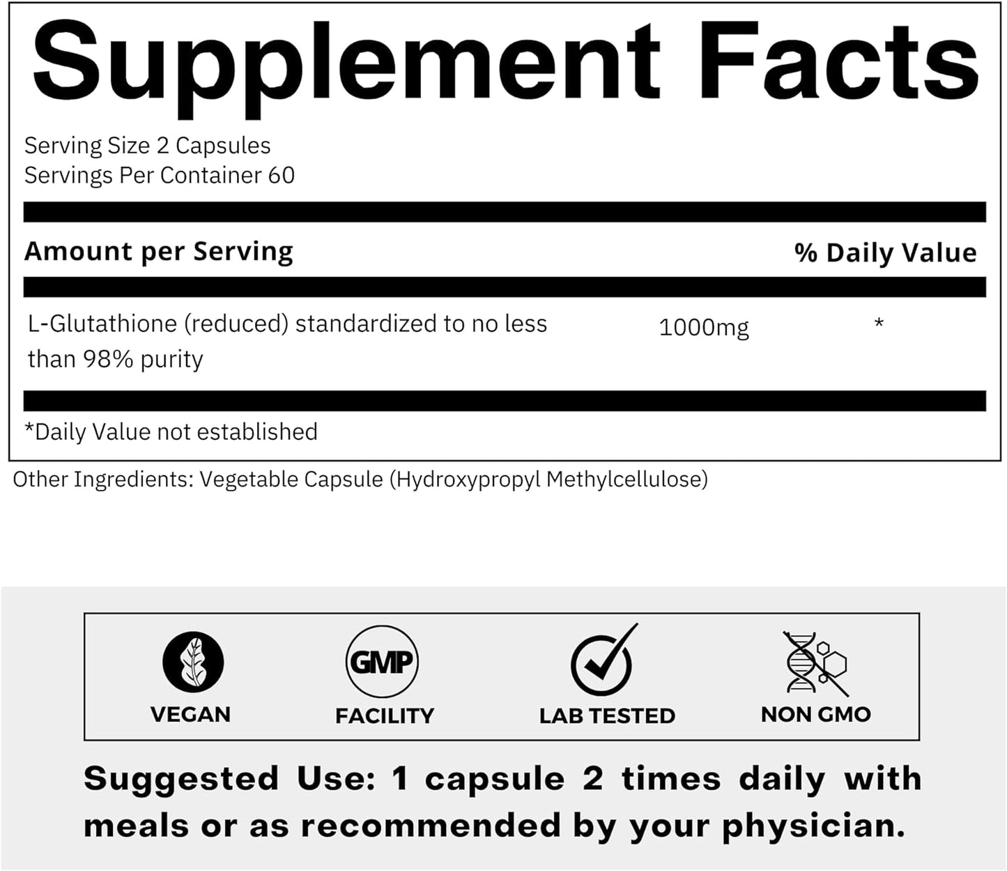 Premium L-Glutathione 98% Supplement for Skin Glow - Collagen Booster for Men & Women - 500mg Concentrated Formula - 120 Capsules