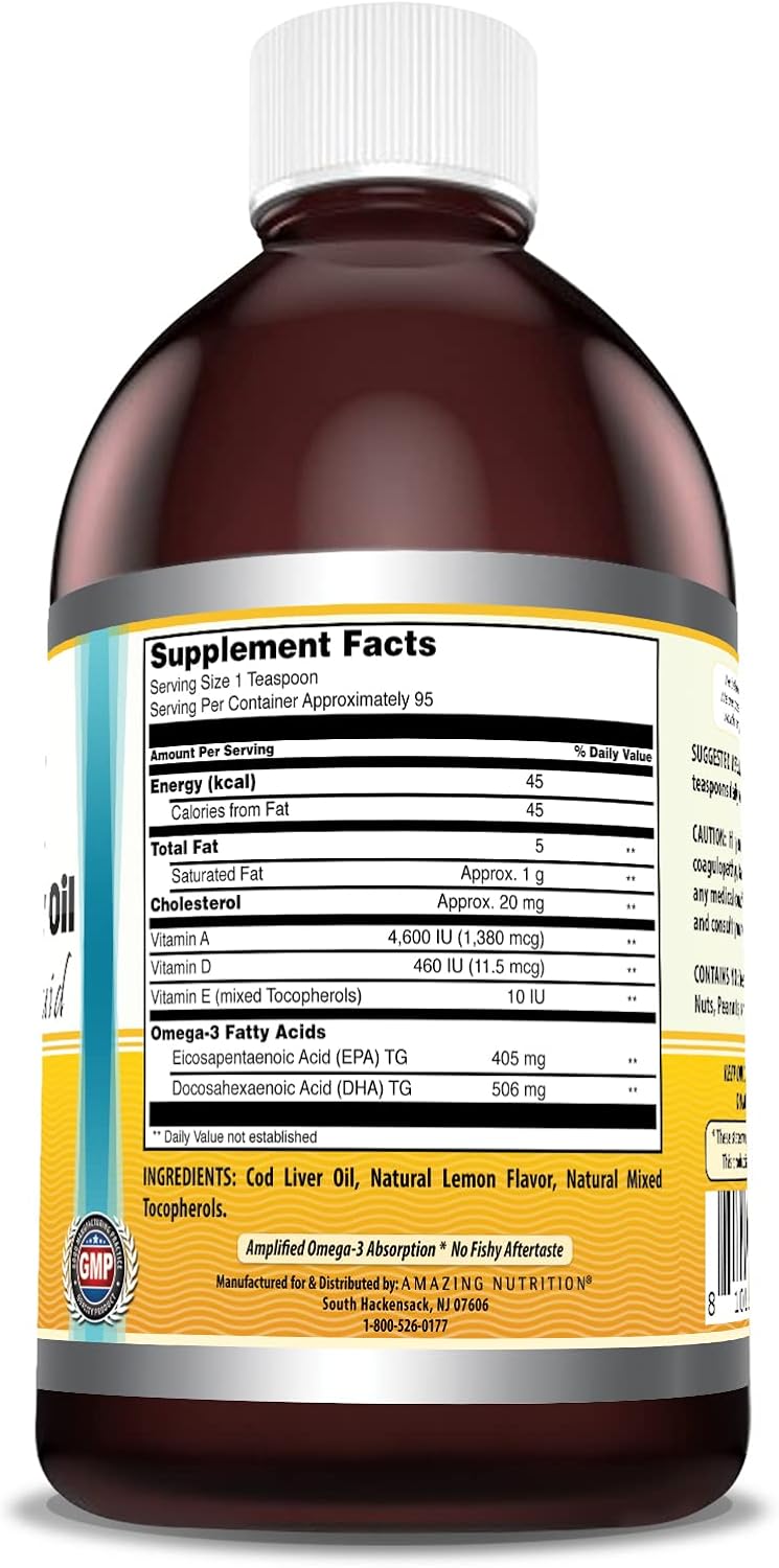 Premium Lemon-Flavored Norwegian Cod Liver Oil Supplement - 16 Oz (473 ml) - Non-GMO & Gluten Free - High-Quality Extraction from Norwegian Waters