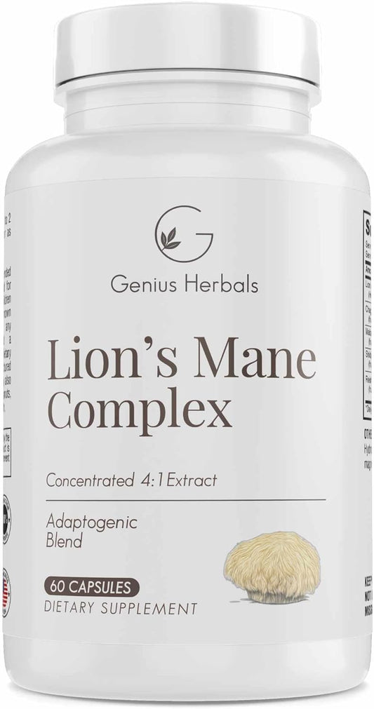 Premium Lions Mane Complex Supplement - 4:1 Extract for Brain Health, Cognitive & Memory Support - 60 Capsules